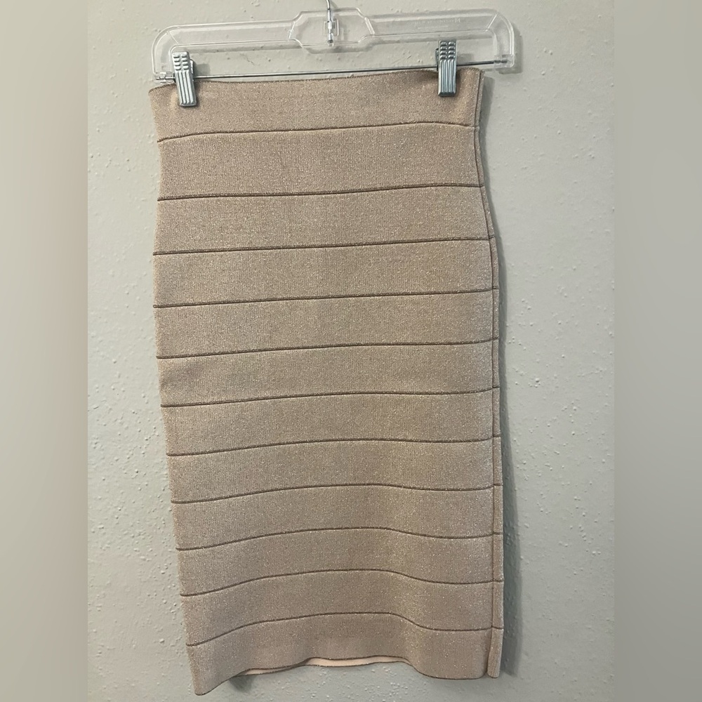 BCBGMaxAzria Tan Ribbed Midi Pencil Skirt